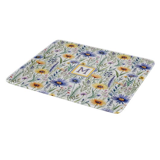 素朴なワイルドフラワープレtty水彩モノグラム カッティングボード (角)