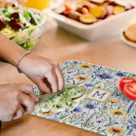 素朴なワイルドフラワープレtty水彩モノグラム カッティングボード