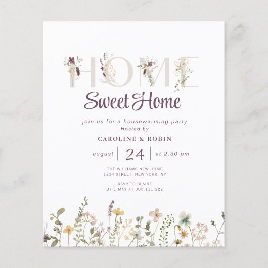 素朴なワイルドフラワー引っ越し祝いパーティーパーティの招待状 (正面)