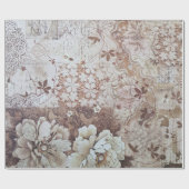 素朴なヴィンテージのアイボリーの茶色のレースの花柄のタイポグラフィ ラッピングペーパー (フラット)