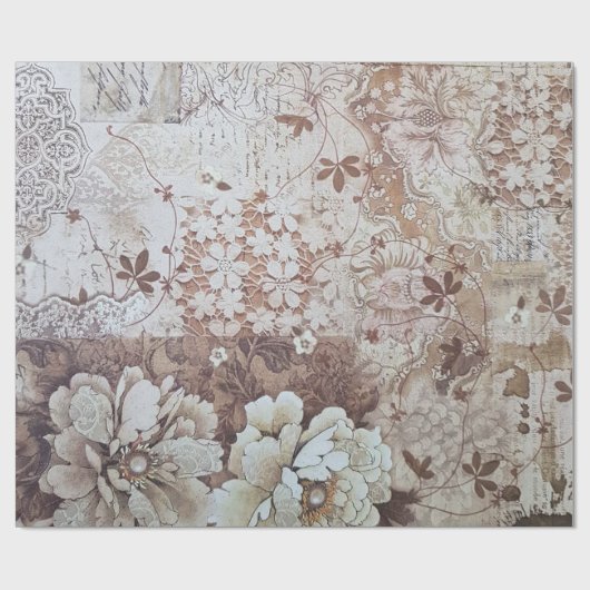 素朴なヴィンテージのアイボリーの茶色のレースの花柄のタイポグラフィ ラッピングペーパー (フラット)