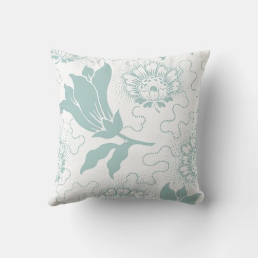 素朴なヴィンテージのティール（緑がかった色）の白い農家のスタイルの花柄 クッション (裏面)