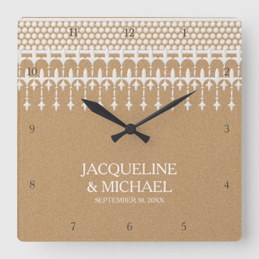 素朴なヴィンテージのレースのクラフト紙の原稿のタイポグラフィ スクエア壁時計 (正面)