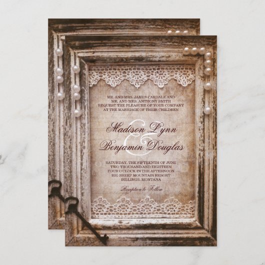 素朴なヴィンテージの旧式なブラウンフレームの結婚式の招待 招待状 (正面/裏面)