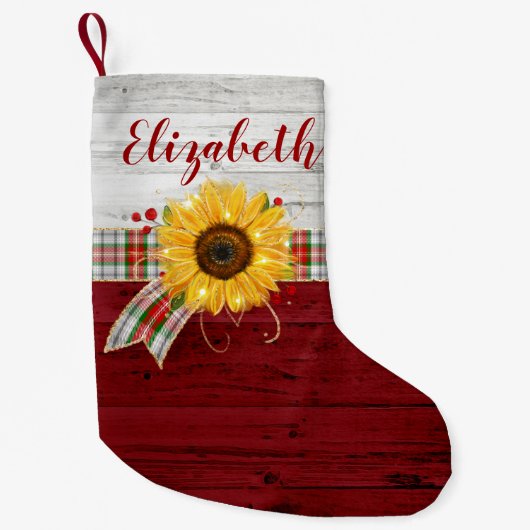 素朴なヴィンテージの木製のヒマワリのモノグラムの名前 スモールクリスマスストッキング (正面)