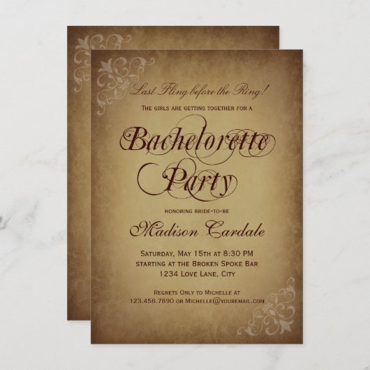 素朴なヴィンテージの紙のバチェロレッテの招待状 招待状 (正面/裏面)