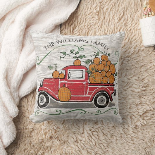 素朴なヴィンテージの赤いトラックのカボチャモノグラム クッション (ブランケット)