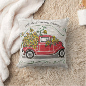 素朴なヴィンテージの赤いトラックのヒマワリのモノグラム クッション (ブランケット)