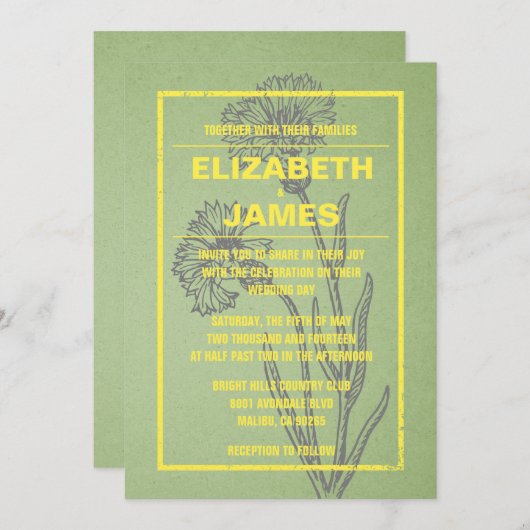 素朴なヴィンテージの黄色および緑の結婚式招待状 招待状 (正面/裏面)