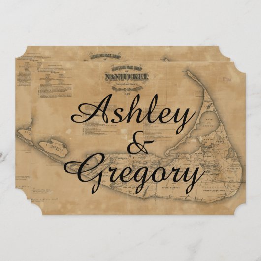 素朴なヴィンテージのNantucketの地図の結婚式招待状 招待状 (正面/裏面)