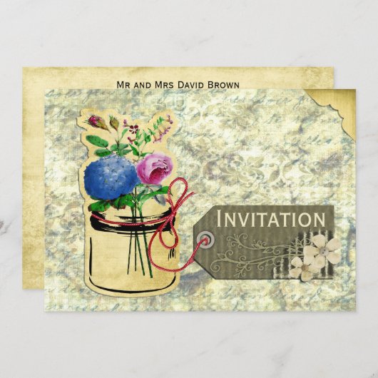 素朴なヴィンテージアジサイバラメイスンジャー招待状 招待状 (正面/裏面)