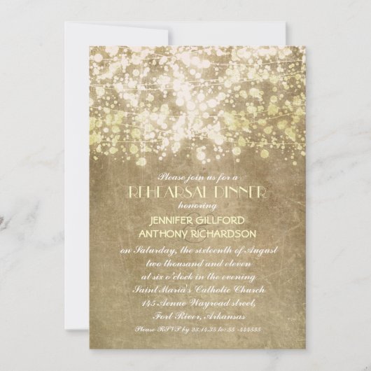 素朴なヴィンテージストリングライトのリハーサル夕食 招待状 (正面)