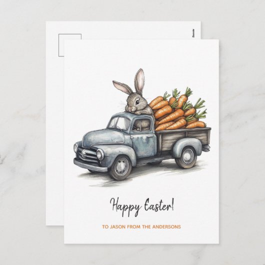 素朴なヴィンテージトラックの可愛いイースターバニー シーズンポストカード (正面/裏面)