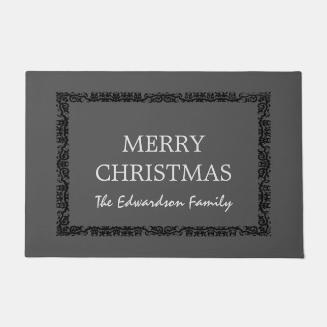 素朴なヴィンテージフレームのメリークリスマスの姓 ドアマット (正面)