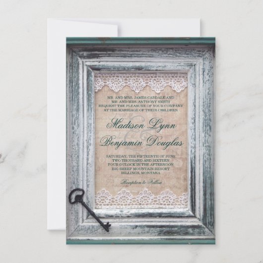 素朴なヴィンテージフレームのレースの鍵の水の結婚式の招待 招待状 (正面)