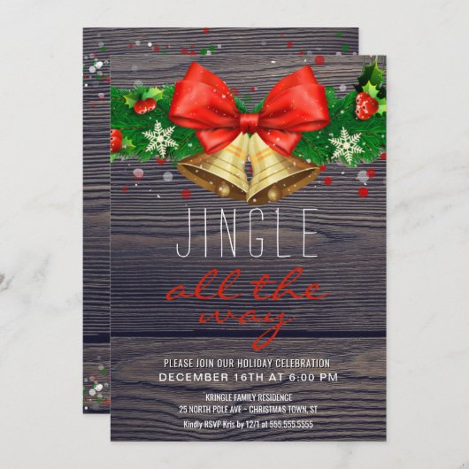 素朴な休日のパーティのジングルのずっと金ゴールド鐘 招待状 (正面/裏面)