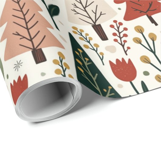 素朴な伝統的クリスマスツリー模様 ラッピングペーパー (ロールコーナー)