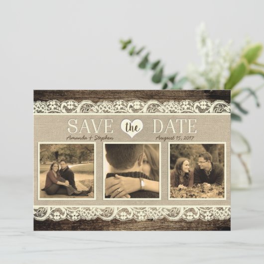 素朴な保存日付|の納屋の木製のレースおよびバーラップ セーブザデート (スタンド正面)