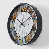 素朴な偽の白い木のフェンス 12 枚の写真のコラージュ 壁時計 (傾斜)