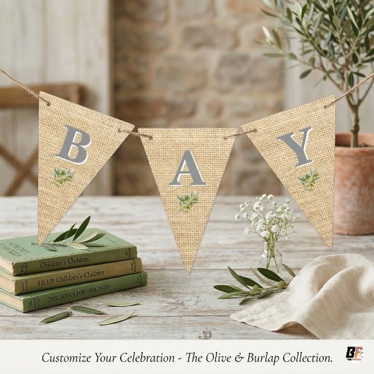 素朴な偽りの麻布とオリーブの枝の植物学的なモノグラム バンティングフラッグ