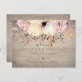 素朴な優しいピンクの花柄のセージ色の結婚式の招待状（save the date） ポストカード (正面/裏面)