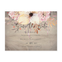 素朴な優しいピンクの花柄のセージ色の結婚式の招待状（save the date）