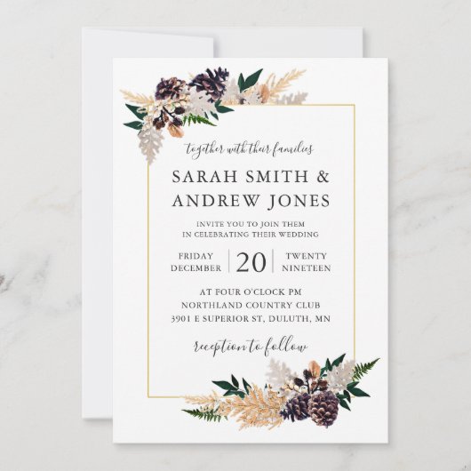 素朴な優雅のマツ円錐形、シダおよび緑の草木 招待状 (正面)