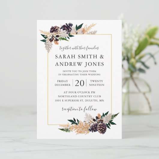 素朴な優雅のマツ円錐形、シダおよび緑の草木 招待状 (スタンド正面)