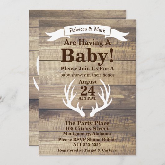 素朴な光の納屋の木と白い鹿の角のバナー 招待状 (正面/裏面)