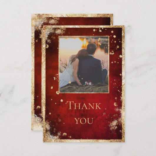 素朴な写真の赤ゴールドのフラットな感謝カード サンキューカード (正面/裏面)