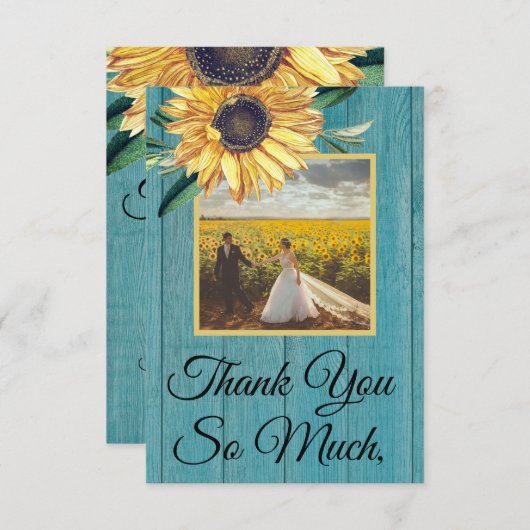 素朴な写真の黄色いひまわり 青い納屋の木 サンキューカード (正面/裏面)