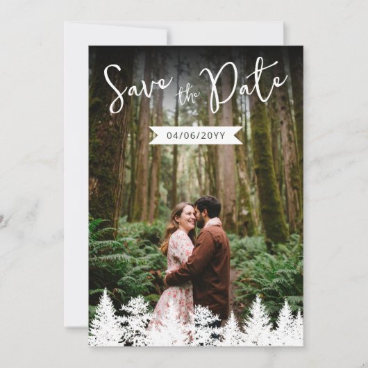 素朴な写真テンプレートと松の木の形の結婚式 セーブザデート (正面)