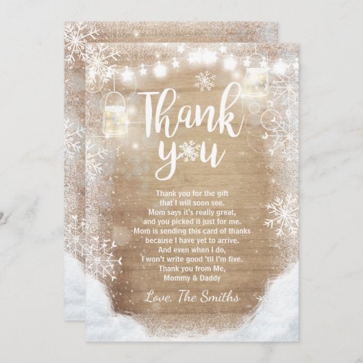 素朴な冬のサンキューカードのベビーシャワーの雪木 サンキューカード (正面/裏面)