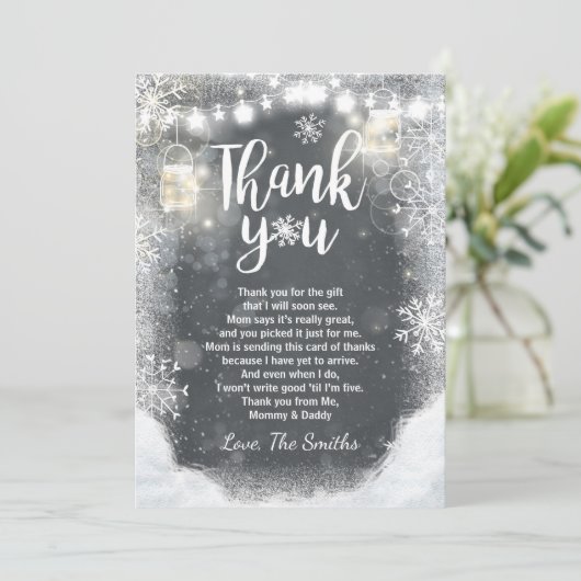 素朴な冬のサンキューカードのベビーシャワーの雪片 サンキューカード (スタンド正面)