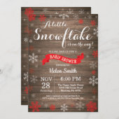 素朴な冬のベイビーシャワー 赤と白の雪の結晶 招待状 (正面/裏面)