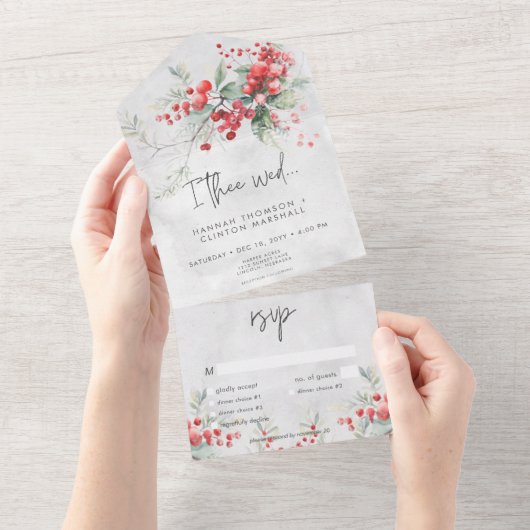 素朴な冬のホーリー＆パインの結婚式のディナー オールインワン招待状 (貼ってはがせる)