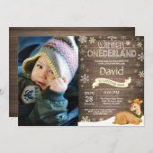 素朴な冬のワンダーランドの鹿の1歳の誕生日 招待状 (正面/裏面)