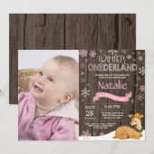 素朴な冬のワンダーランドの鹿 1歳の誕生日 招待状 (正面/裏面)