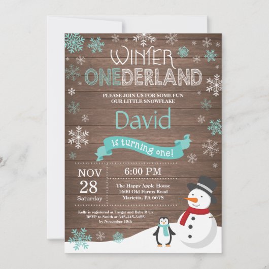 素朴な冬のワンダーランド1歳誕生日招待状 招待状 (正面)