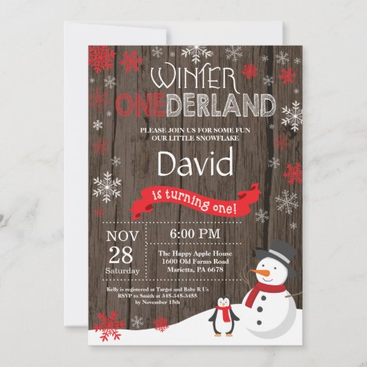 素朴な冬のワンダーランド 1歳の誕生日招待状 招待状 (正面)