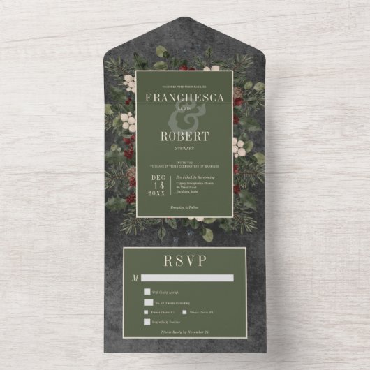 素朴な冬の実と黒い松の２つのディナー オールインワン招待状 (内側)