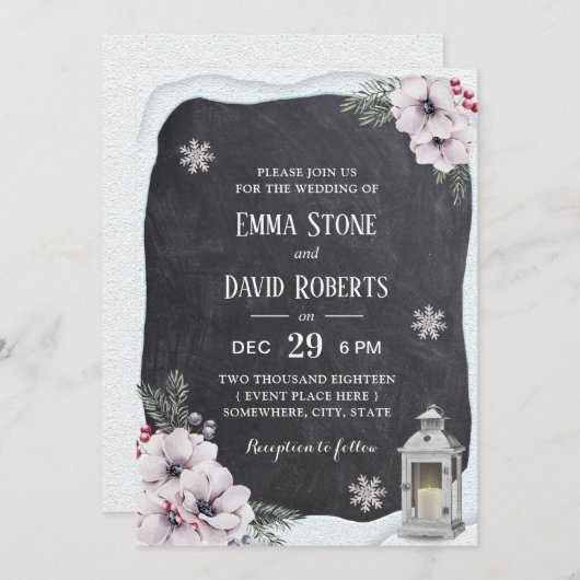 素朴な冬の花のランタンの黒板の結婚式 招待状 (正面/裏面)