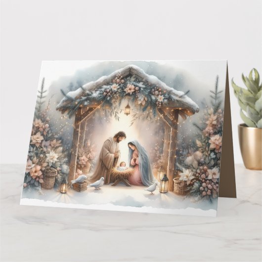 素朴な冬の花を添えたクリスマスの降誕祭 カード (小さな植物)