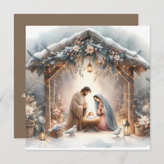 素朴な冬の花を添えたクリスマス・ナティビティ・シーンのカード シーズンカード (正面/裏面)