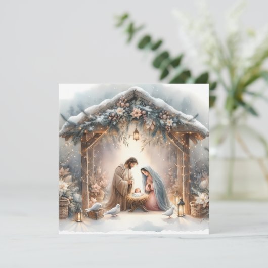 素朴な冬の花を添えたクリスマス・ナティビティ・シーンのカード シーズンカード (スタンド正面)