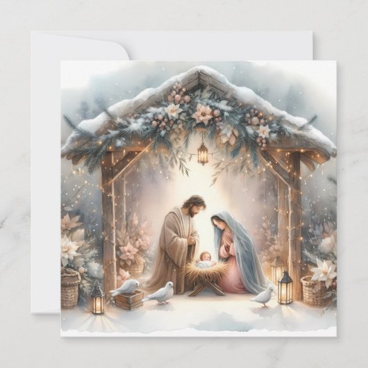素朴な冬の花を添えたクリスマス・ナティビティ・シーンのカード シーズンカード (正面)