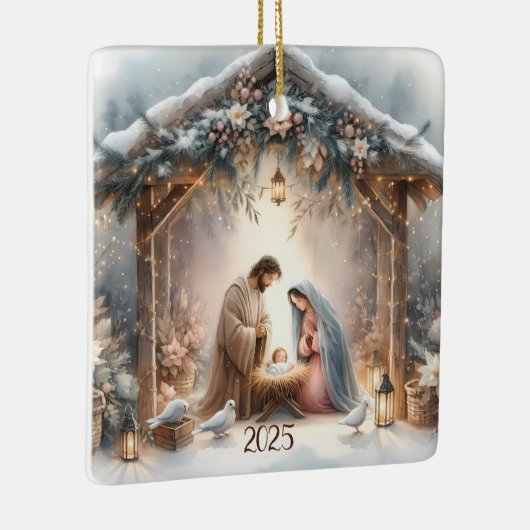 素朴な冬の花を添えたクリスマス・ナティビティ・シーンのカード セラミックオーナメント (右)