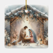 素朴な冬の花を添えたクリスマス・ナティビティ・シーンのカード セラミックオーナメント (裏面)