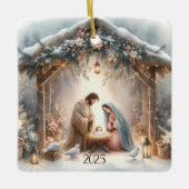 素朴な冬の花を添えたクリスマス・ナティビティ・シーンのカード セラミックオーナメント (正面)
