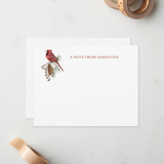 素朴な冬の赤いカーディナル松ぼっくり ノートカード (正面/裏面インサイチュ)